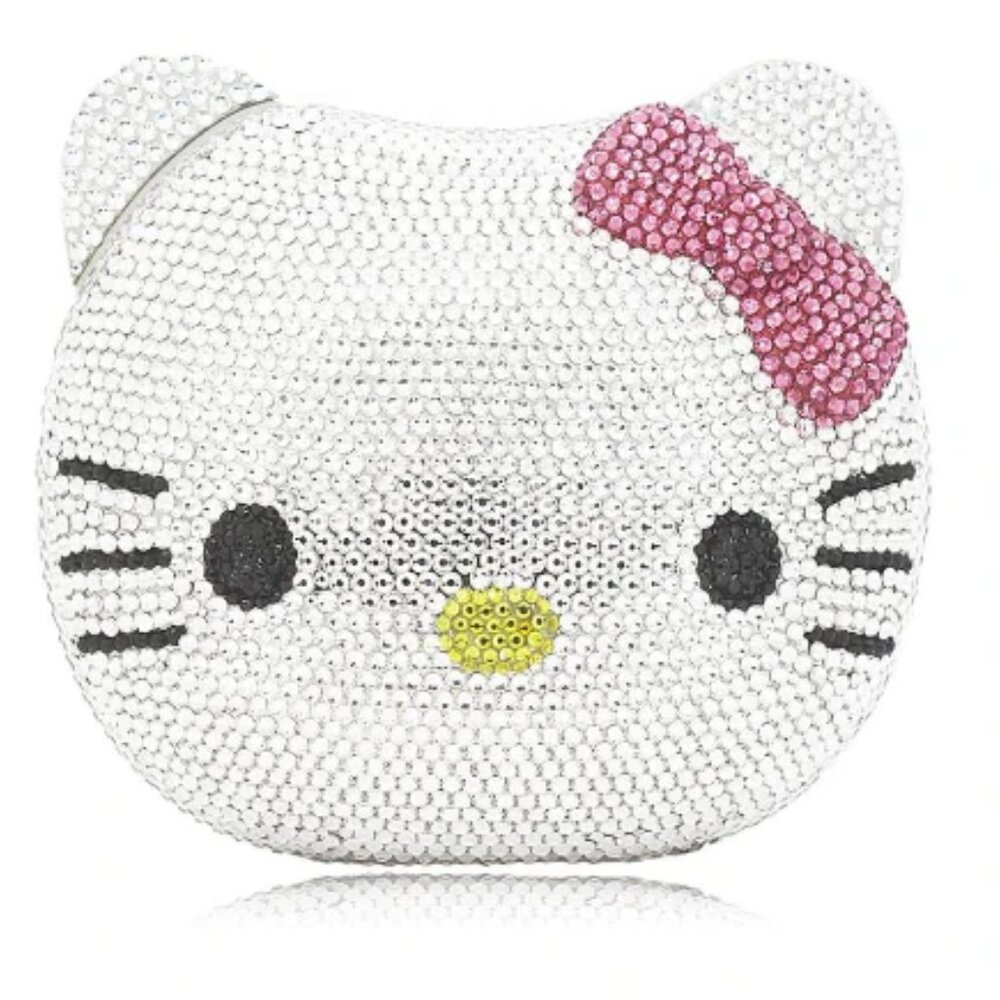 Kitty Face Luxury Evening Party Clutch Purse Bag Clear Crystals Pink Bow NIB